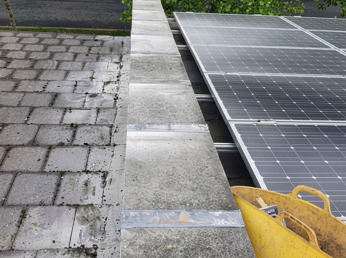 Roof repair work carried out around roof-mounted solar panels and a concrete coping edge