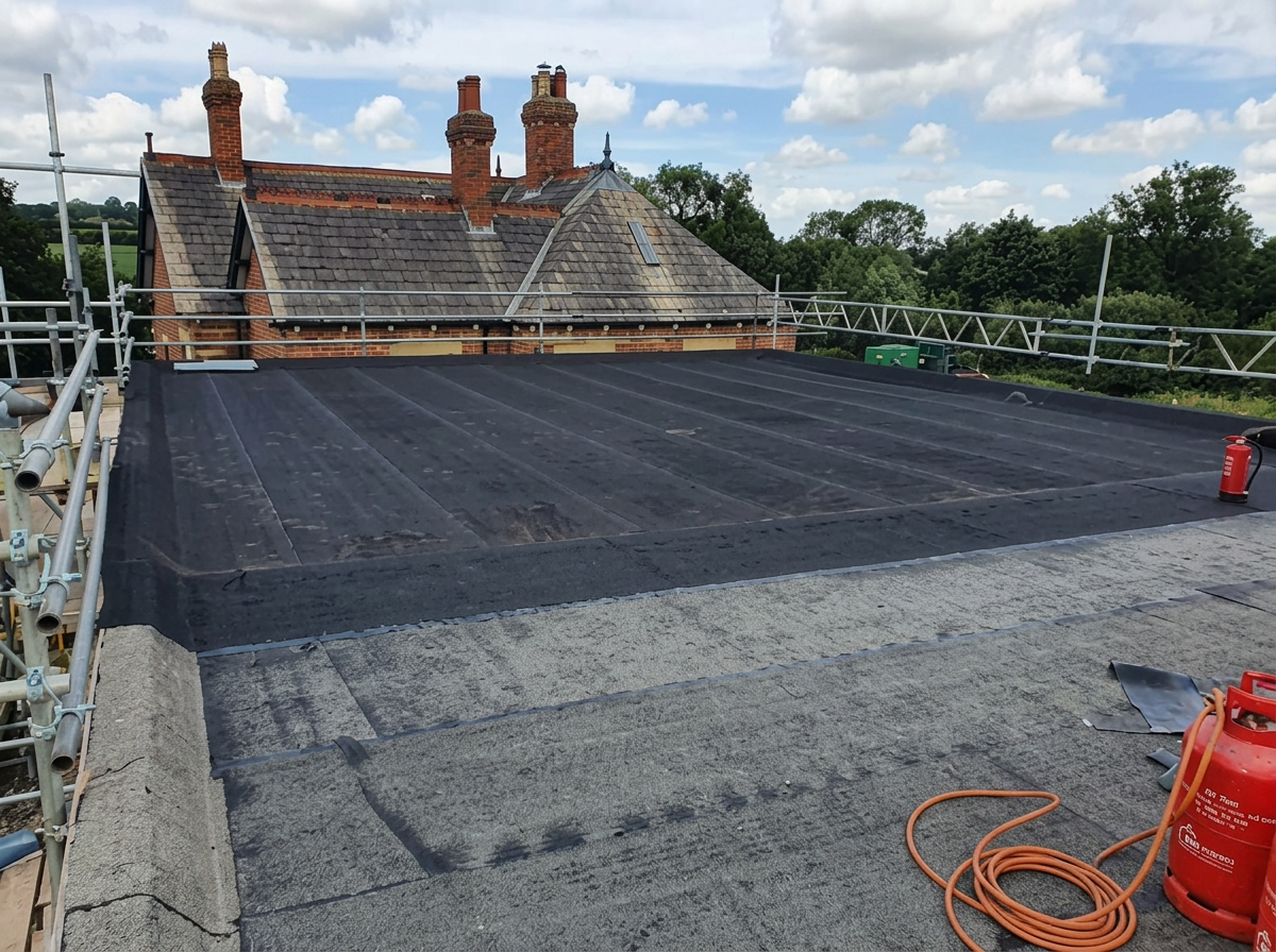 Wide roof covering inspected under scaffold during a Roofserve roof survey