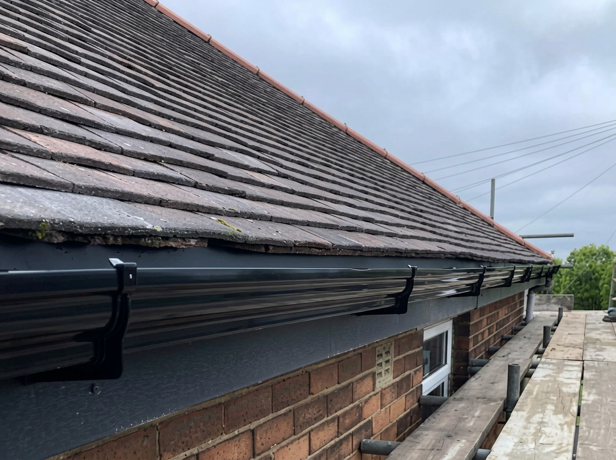 New fascias, soffits and black guttering fitted to an eaves run